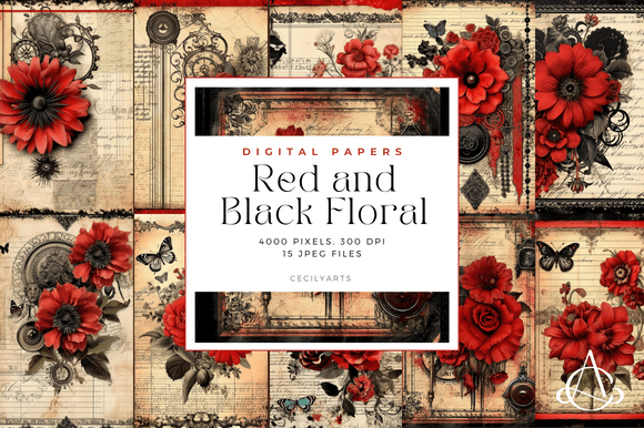 Download Red and Black Floral Junk Journal Pages - Red and black Collection